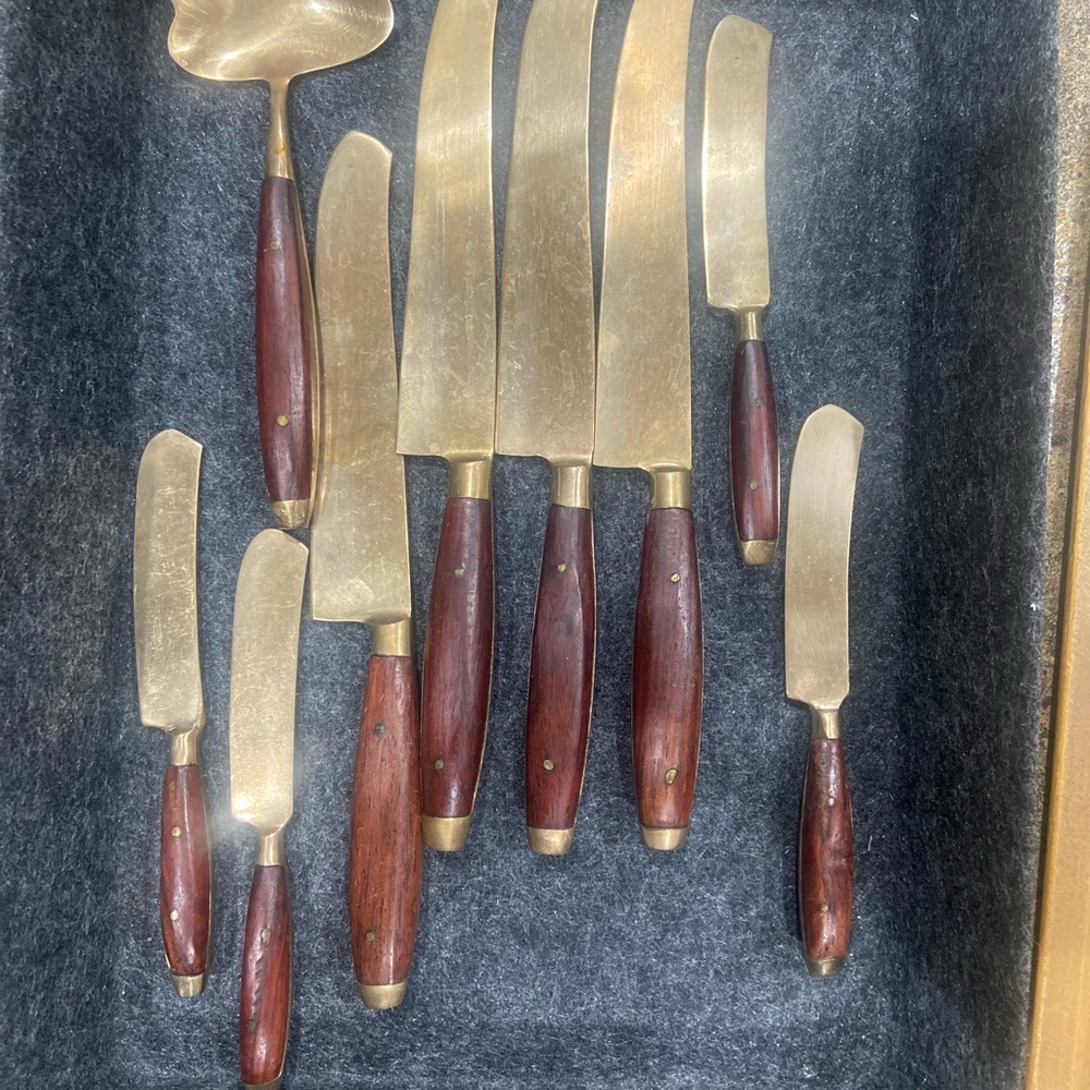 Vintage Brass and Rosewood  Handle Knife Set with condiment server